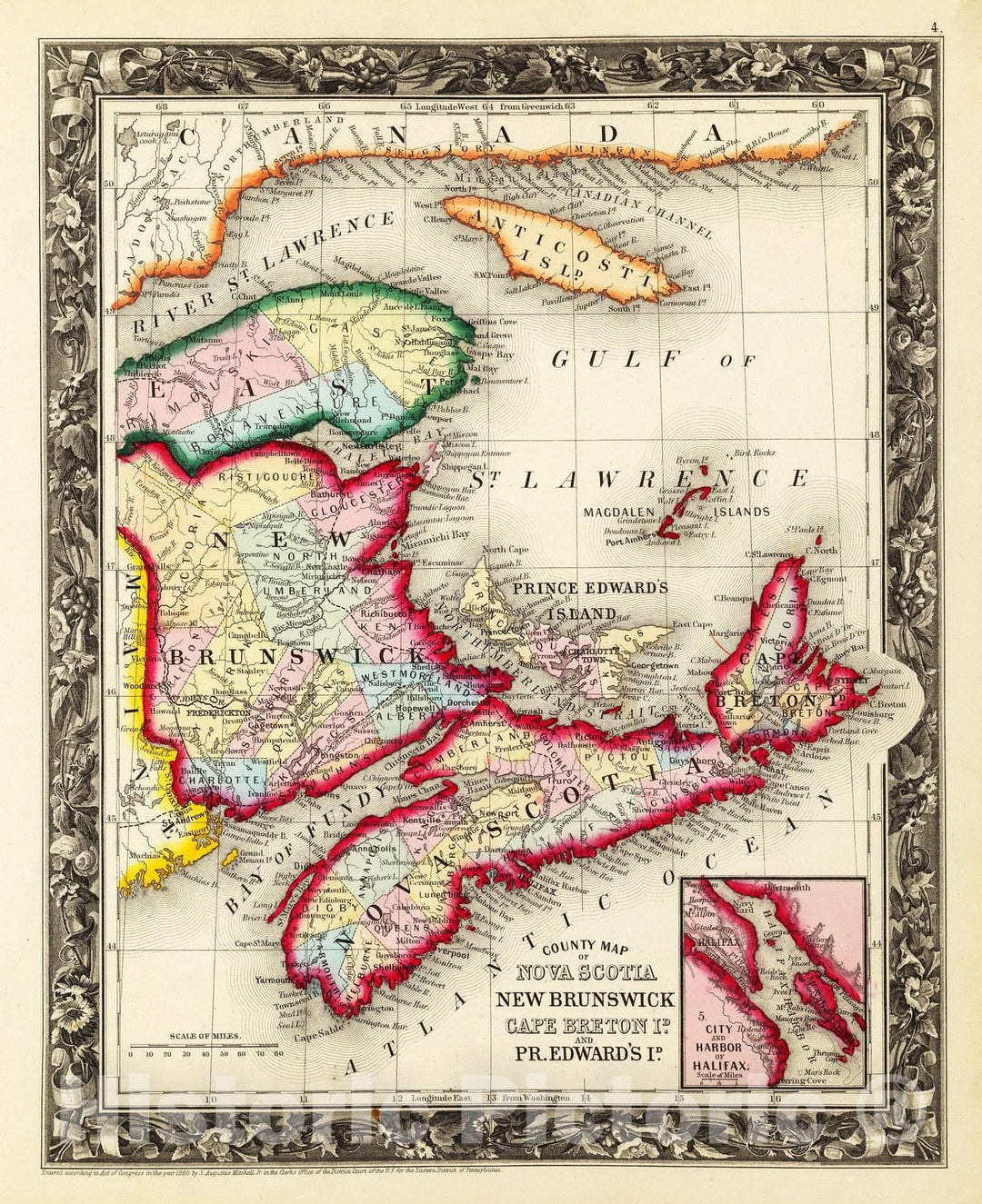 Historic Map : 1860 County Map Of Nova Scotia New Brunswick Cape Breton Id. And Pr. Edward's Id. - Vintage Wall Art