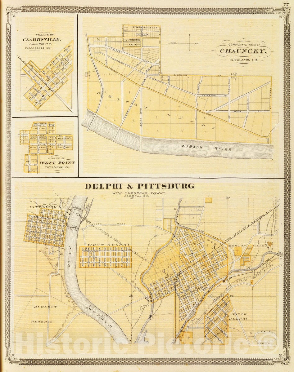 Historic Wall Map : 1876 Delphi & Pittsburg with suburban towns (with) Chauncey, Clarksville, West Point. - Vintage Wall Art