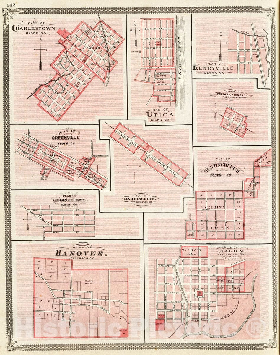 Historic Map : 1876 Plan of Charlestown, (with) Utica, Henryville, Fredericksburgh, Hardinsburg, Salem, Greenville, Georgetown, Huntingburgh, Hanover.