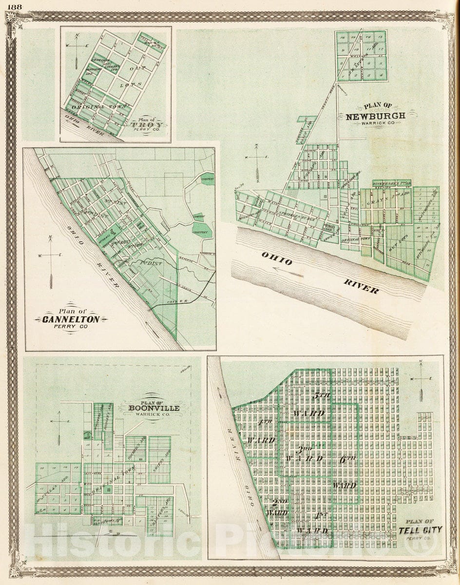 Historic Map : 1876 Plan of Newburgh, Warrick Co. (with) Boonville, Troy, Cannelton, Tell City. - Vintage Wall Art