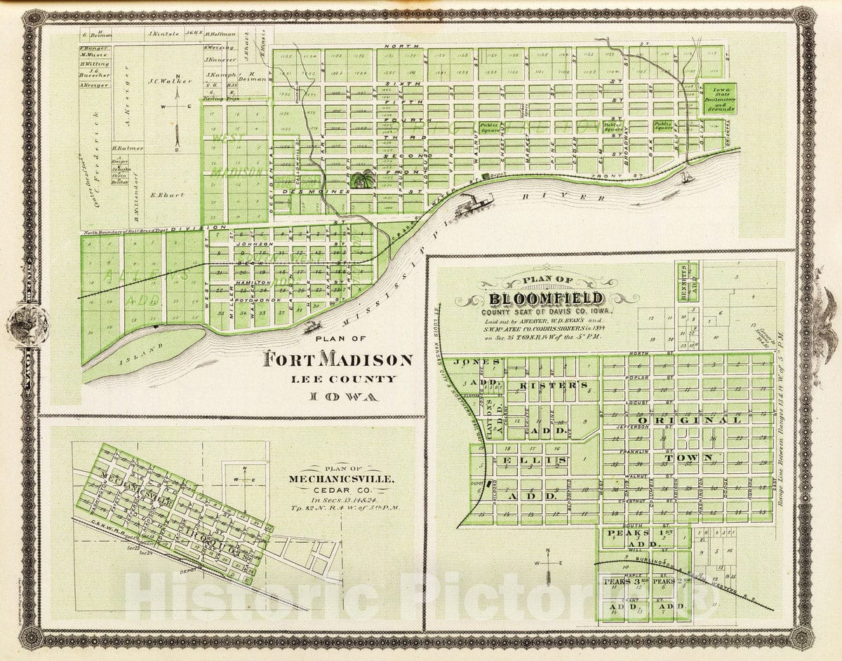 Historic Map : 1875 Plans of Fort Madison, Bloomfield and Mechanicsville, State of Iowa. - Vintage Wall Art
