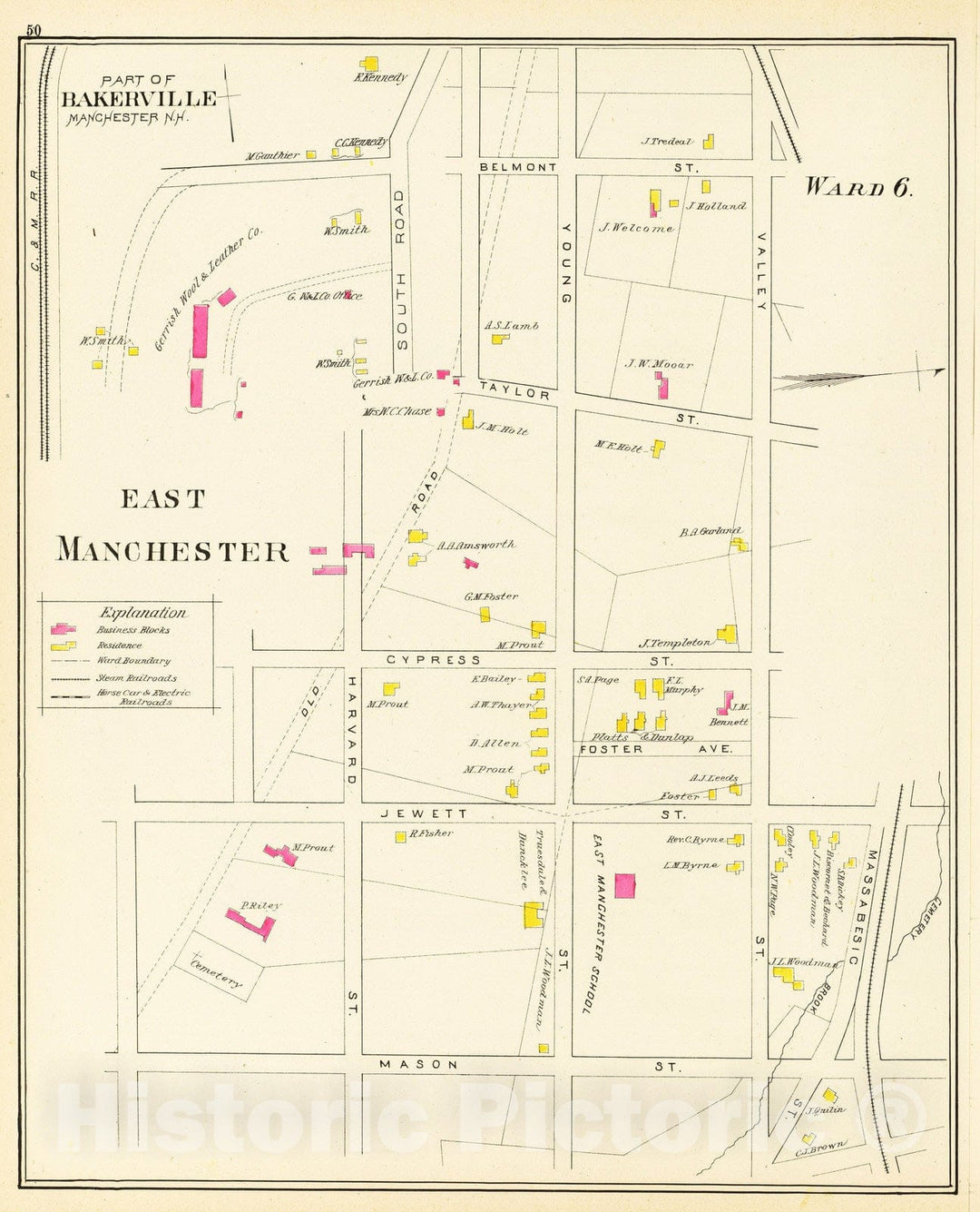 Historic Map : Manchester (N.H.), New Hampshire, 1892 E. Manchester, Bakerville, Ward 6. , Vintage Wall Art