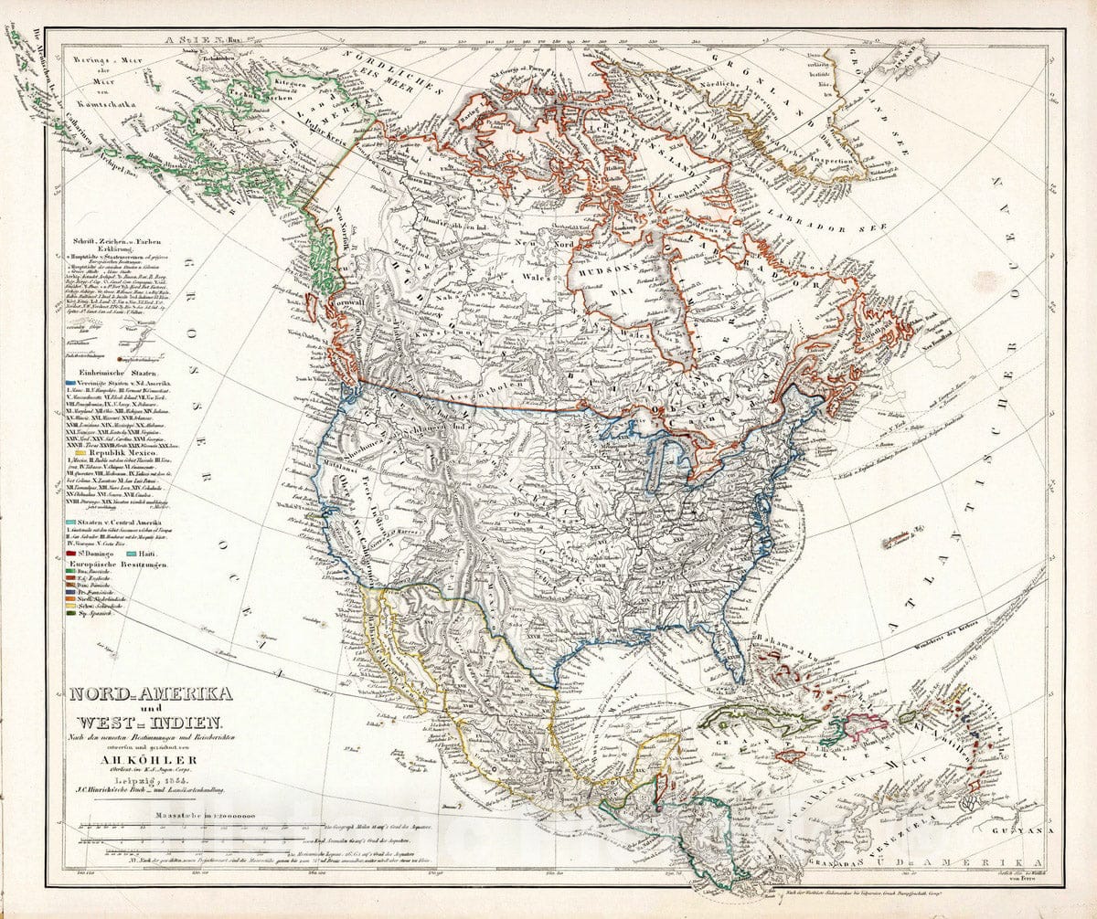 Historic Map : 1854 Nord=Amerika und West =Indien - Vintage Wall Art