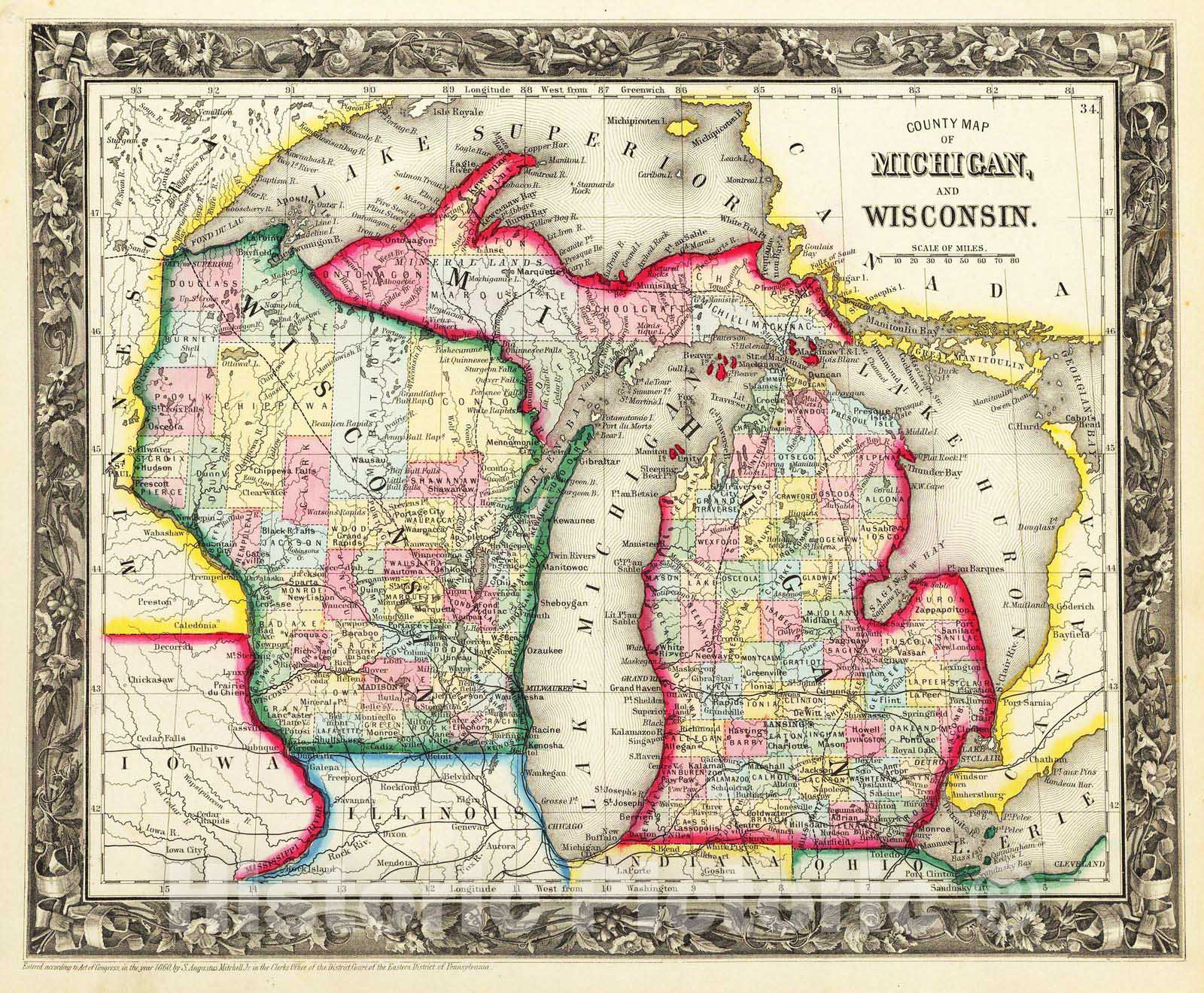 Historic Wall Map : 1860 County Map Of Michigan, And Wisconsin. - Vintage Wall Art