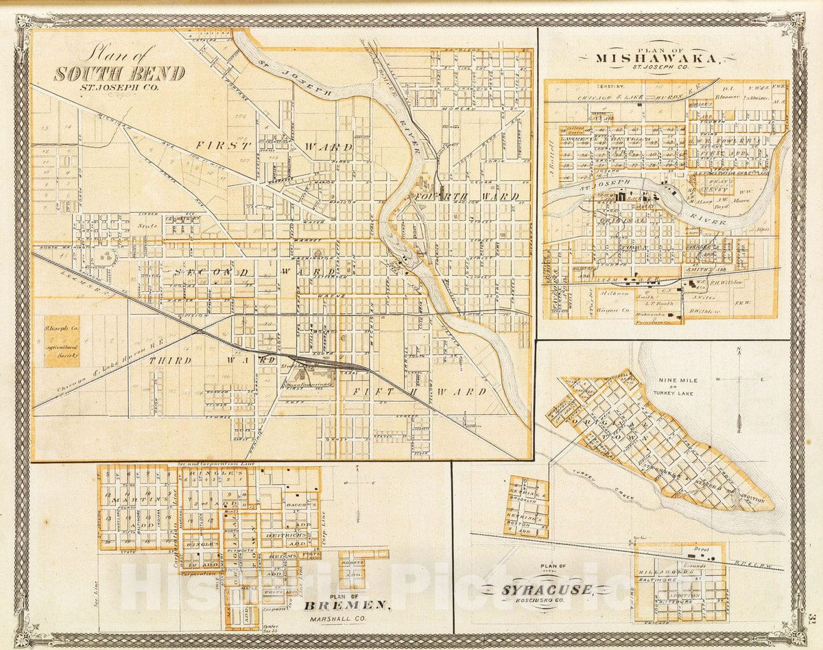 Historic Map - 1876 Plan of South Bend (with) Mishawaka, Bremen, Syracuse. - Vintage Wall Art