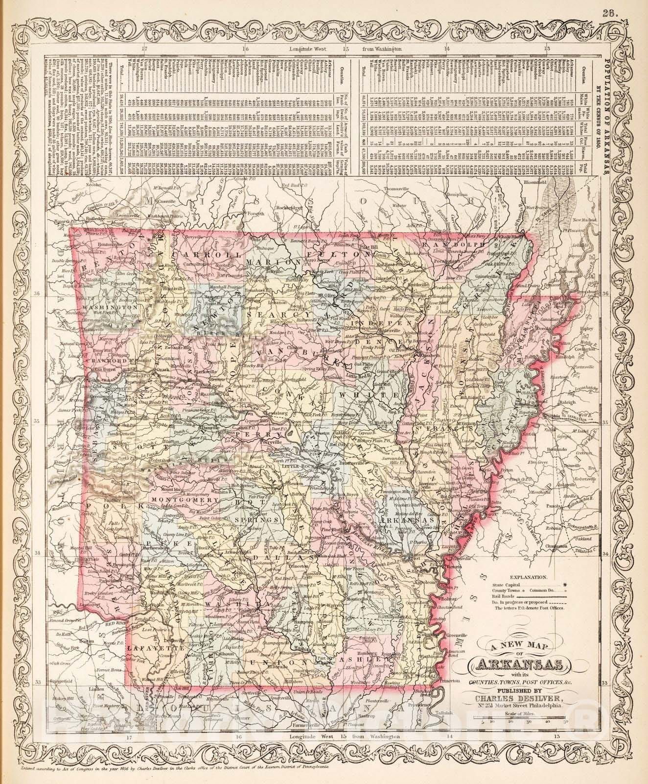 Historic Map : 1857 A New Map of Arkansas - Vintage Wall Art