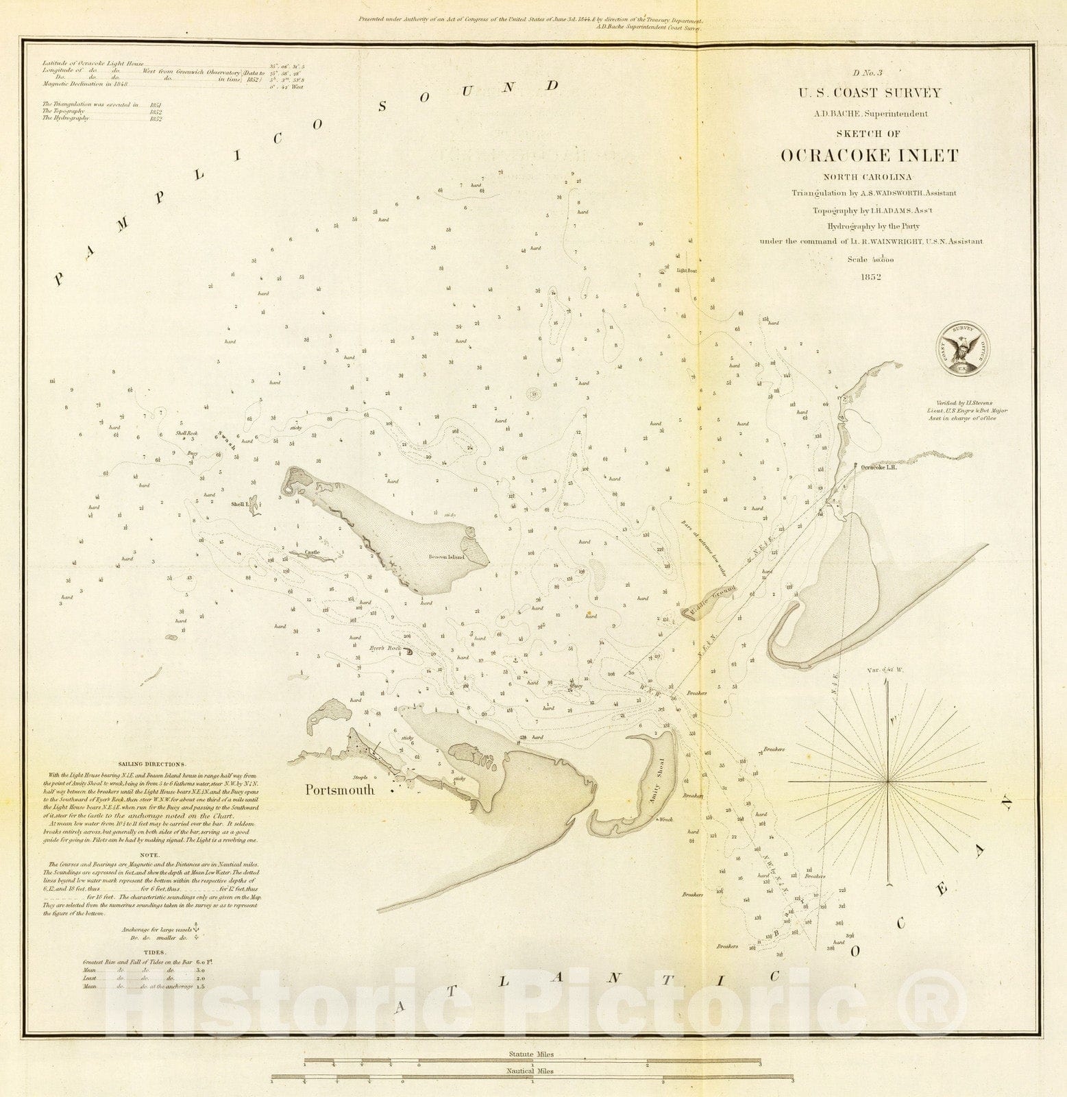 Old Map Inlet Historic Map : Chart Atlas - 1852 Ocracoke Inlet, N.C. - Vintage Wall ...