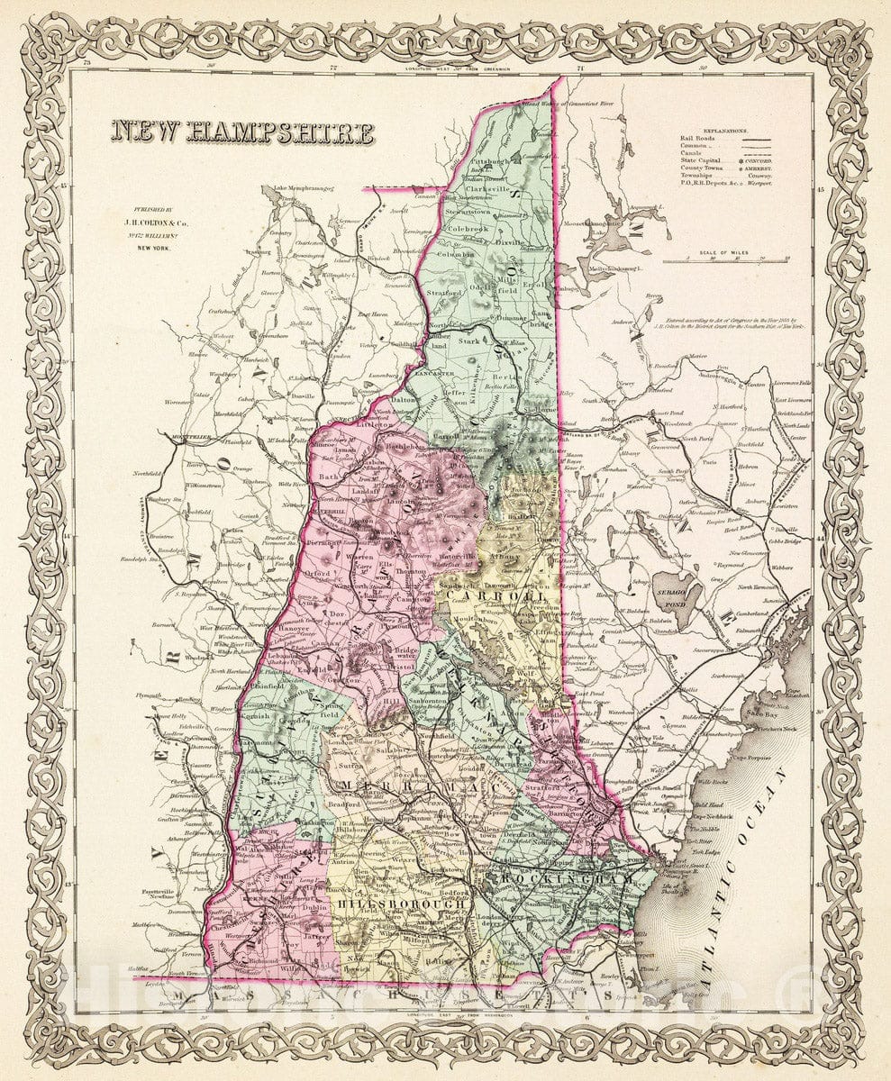 Historic Map : 1856 New Hampshire : Vintage Wall Art