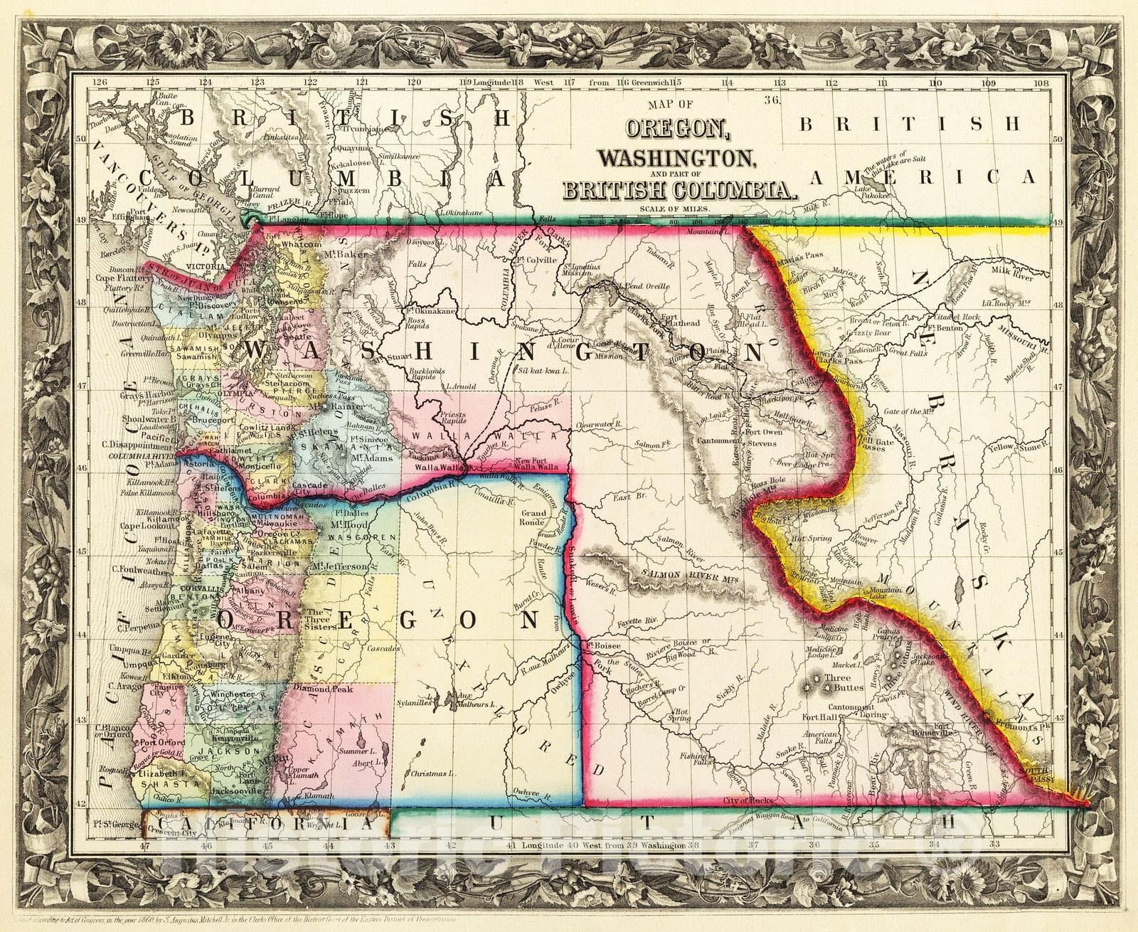 Historic Map : 1860 Map Of Oregon, Washington, And Part Of British Columbia. - Vintage Wall Art