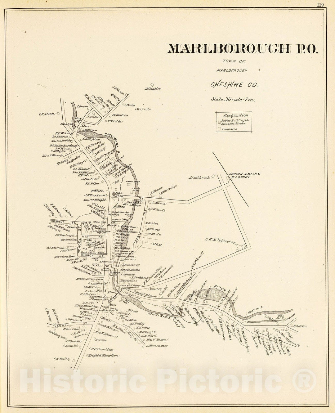 Historic Map : Marlborough (N.H.), New Hampshire, 1892 Marlborough P.O. , Vintage Wall Art