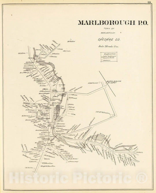 Historic Map : Marlborough (N.H.), New Hampshire, 1892 Marlborough P.O. , Vintage Wall Art