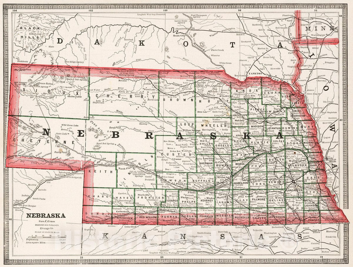 Historic Map : 1883 Nebraska : Vintage Wall Art