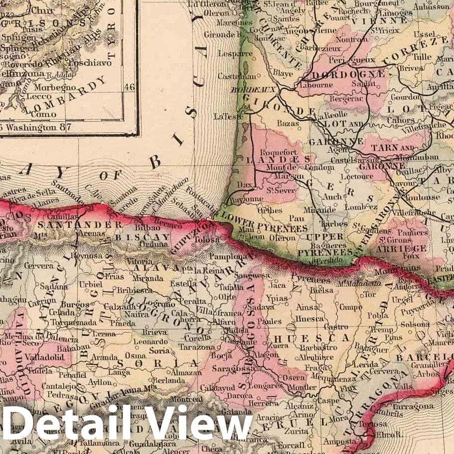 Historic Map : 1868 Map of France, Spain, and Portugal - Vintage Wall Art