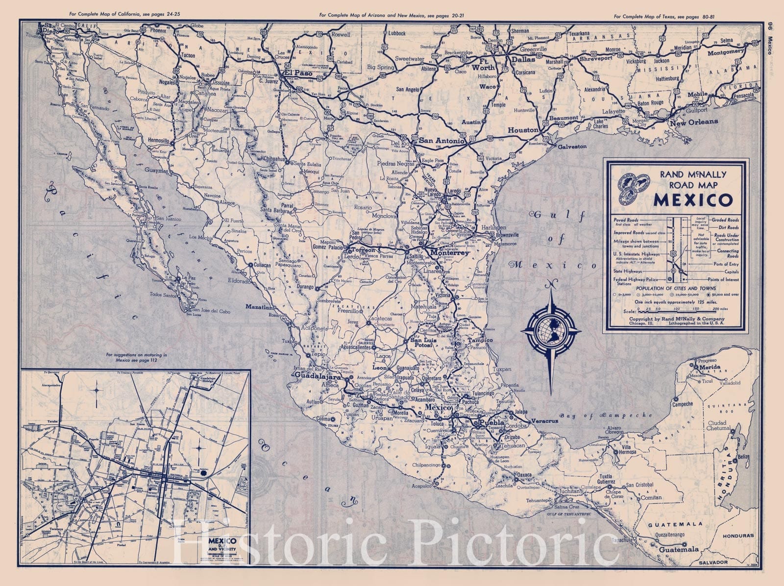Historic Map : National Atlas - 1940 Road map of Mexico - Vintage Wall Art