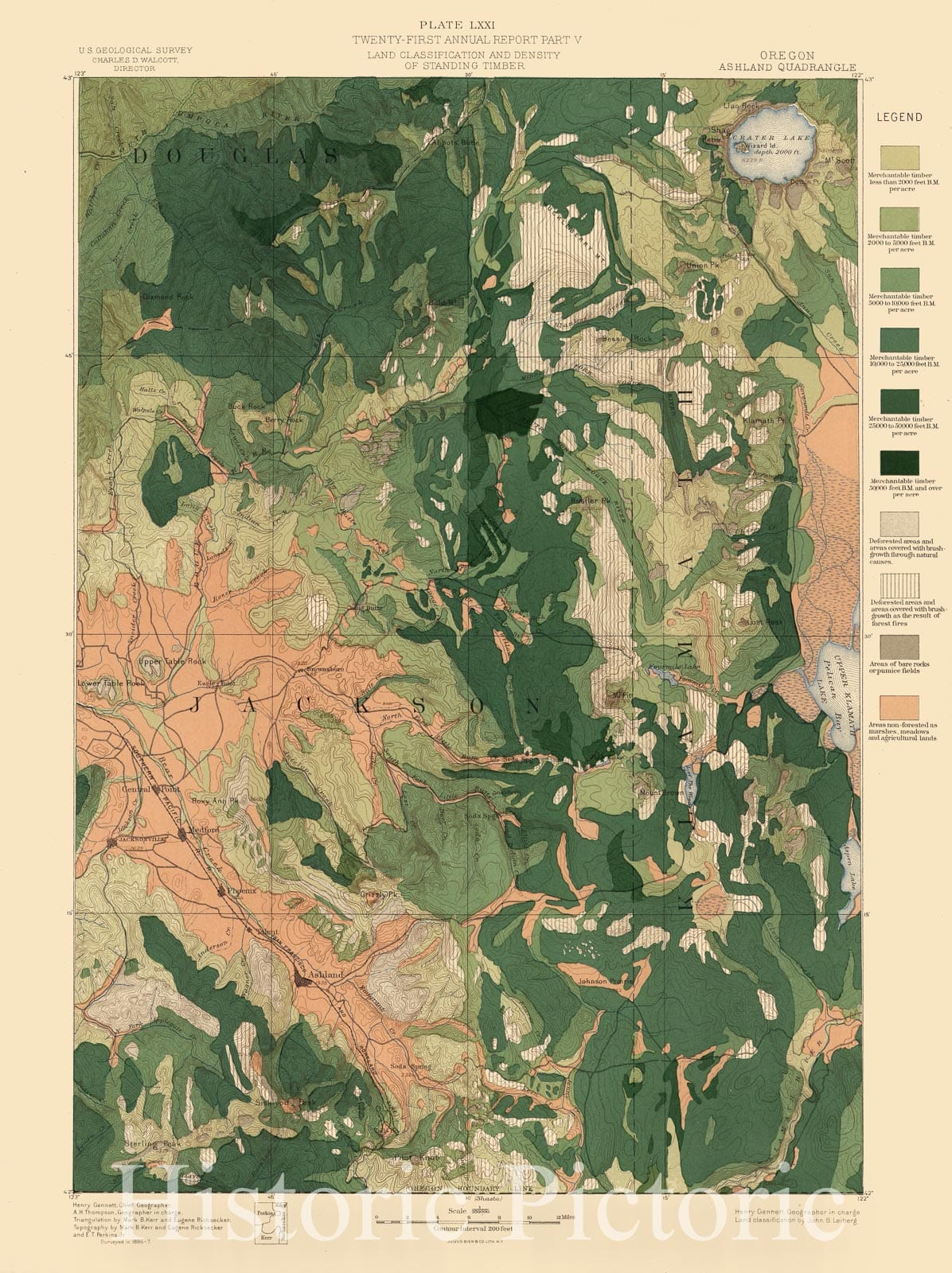Historic Map : Geologic Atlas - 1900 Plate LXXI. Ashland Quadrangle. Oregon. Land Classification and Density of Standing Timber. - Vintage Wall Art