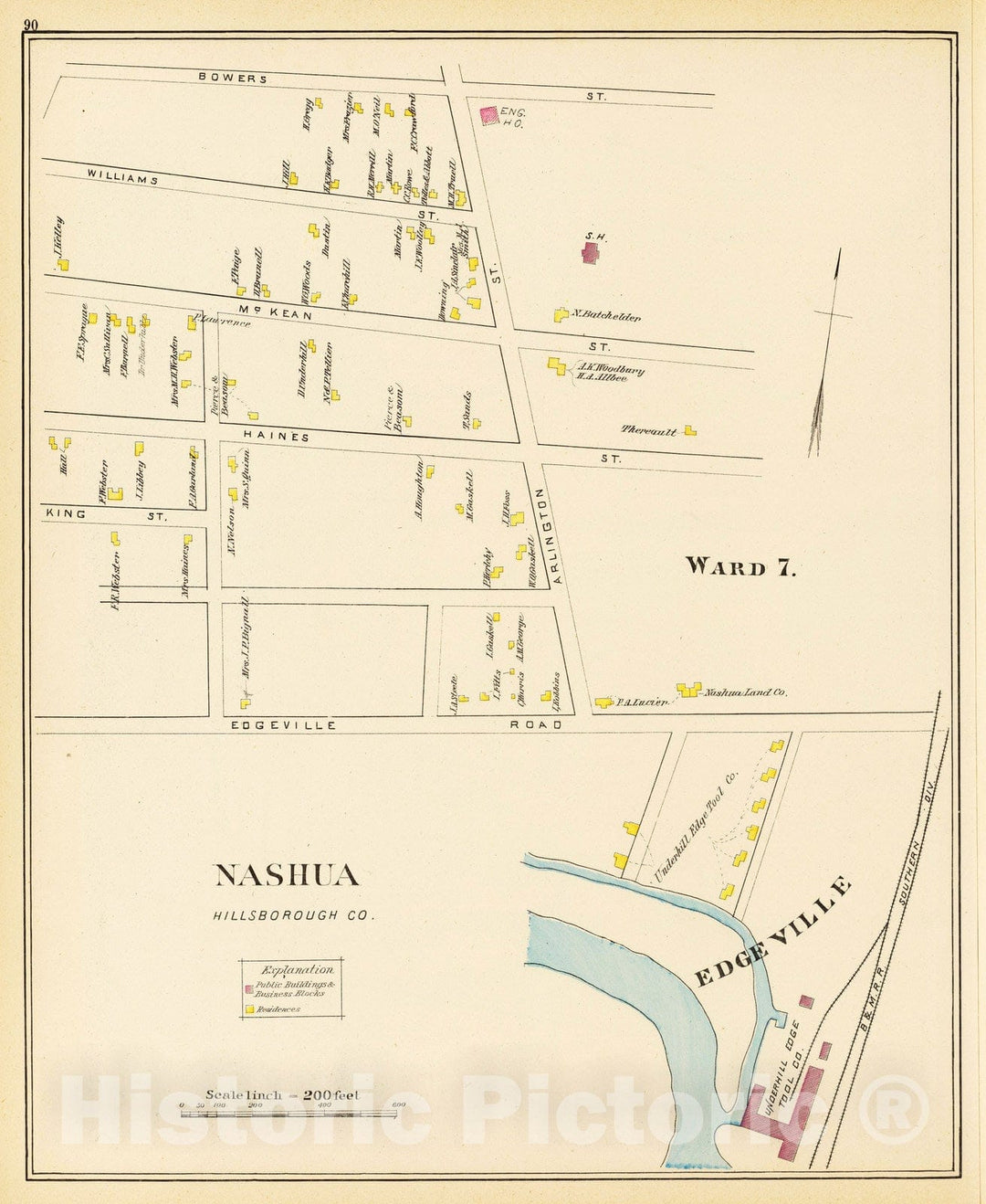 Historic Map : 1892 Nashua, Ward 7, Edgeville. - Vintage Wall Art