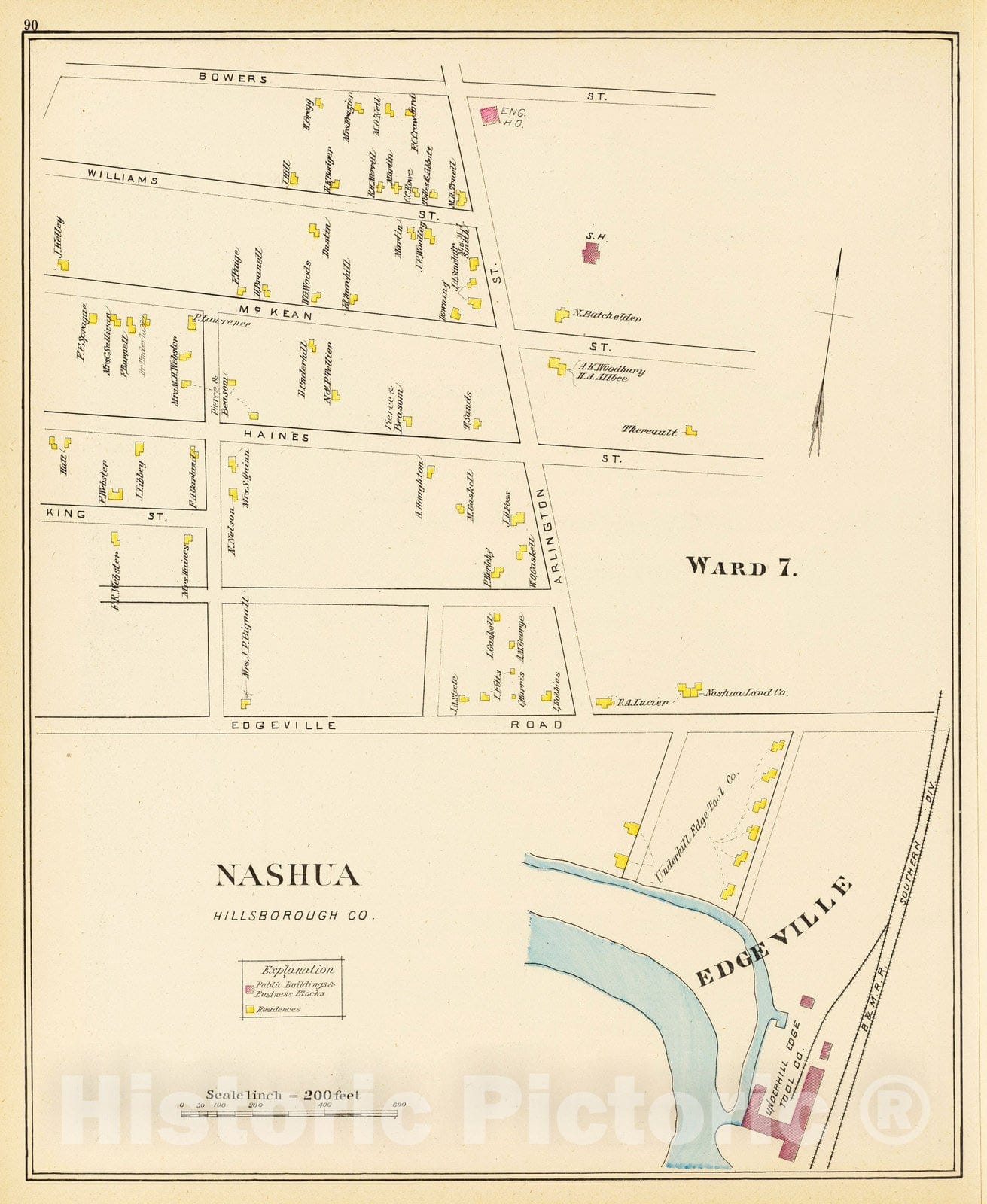 Historic Map : 1892 Nashua, Ward 7, Edgeville. - Vintage Wall Art