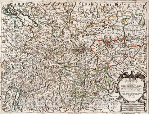Historic Map : Austria, , Europe 1696 Il Tirolo con li Vescouati di Trento, e Brixen , Vintage Wall Art