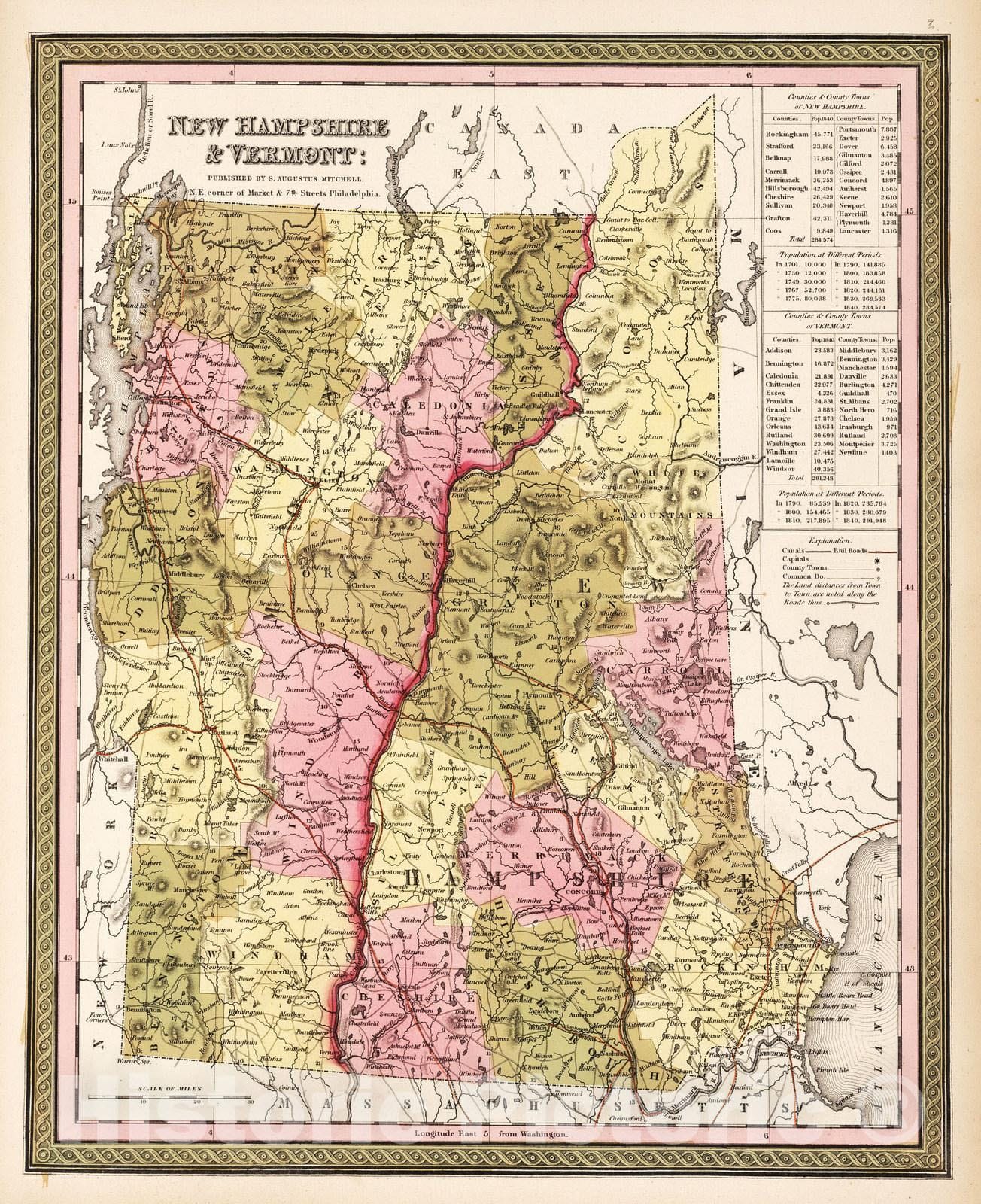 Historic Map : 1850 New Hampshire and Vermont. - Vintage Wall Art