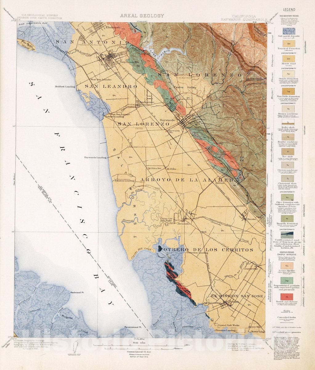 Historic Map : Geologic Atlas - 1913 Haywards Quadrangle. Areal Geology. - Vintage Wall Art