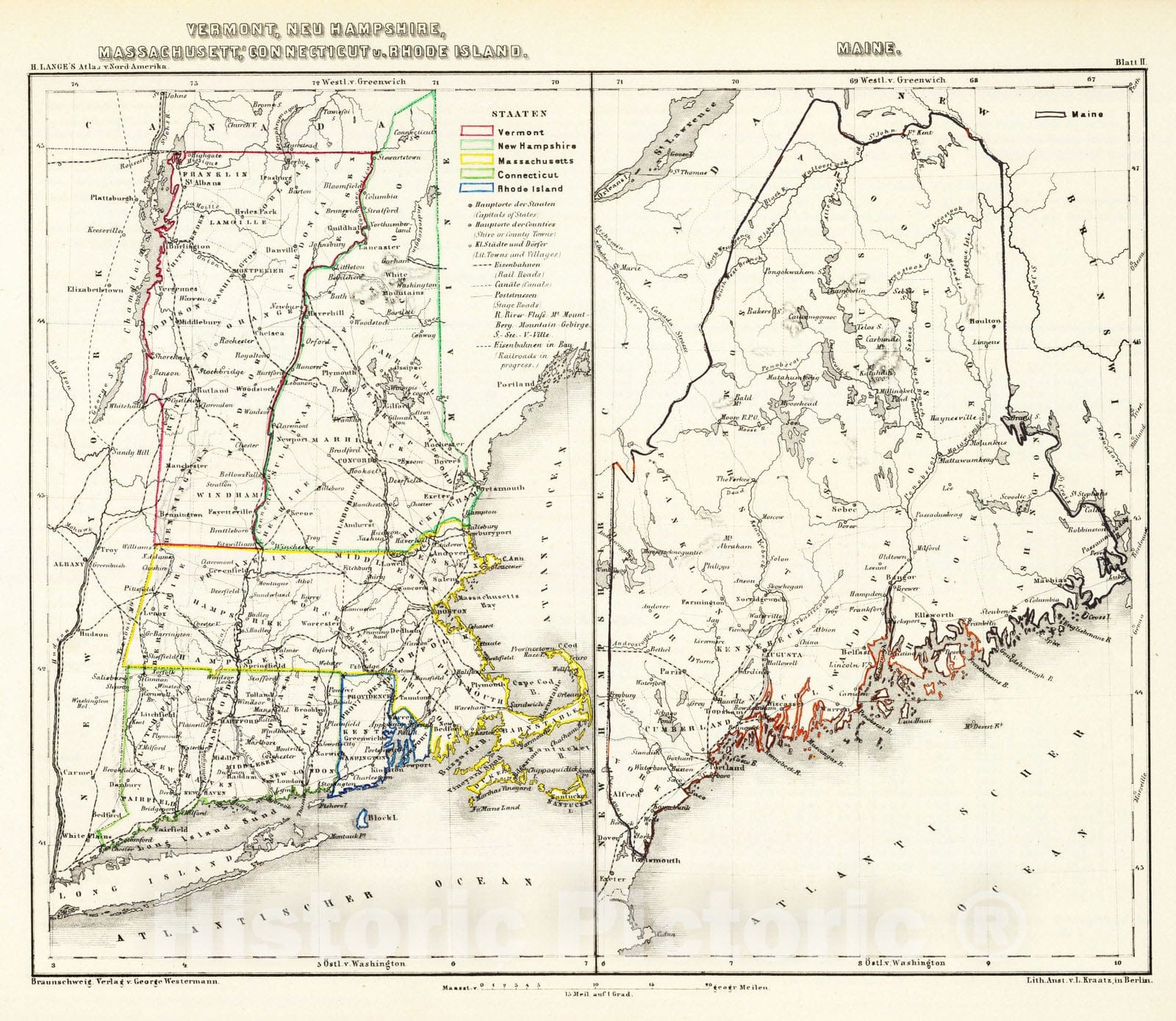 Historic Map : National Atlas - 1854 Vermont, New Hampshire, Massachusetts, Connecticut u. Rhode Island. Maine. - Vintage Wall Art