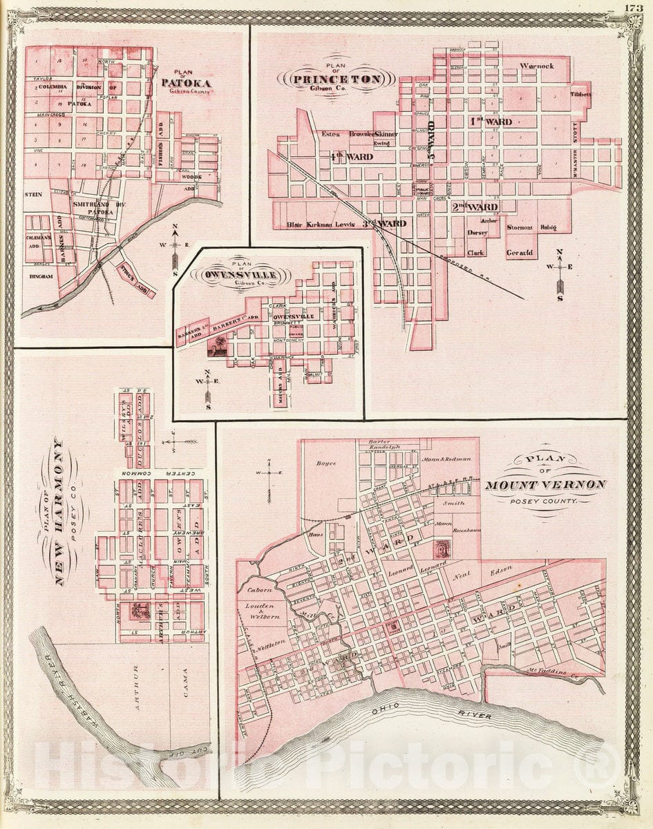 Historic Map : 1876 Plan of Mount Vernon, Posey County (with) Patoka, Princeton, Owensville, New Harmony. - Vintage Wall Art