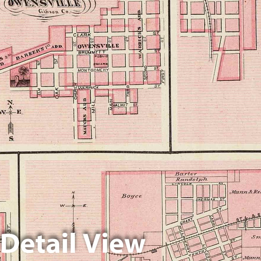 Historic Map : 1876 Plan of Mount Vernon, Posey County (with) Patoka, Princeton, Owensville, New Harmony. - Vintage Wall Art