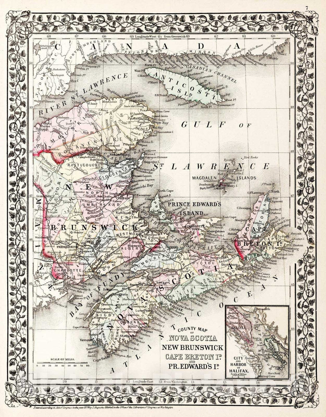 Historic Map : 1874 County Map of Nova Scotia, New Brunswick, Cape Breton Id. and Pr. Edward's Id. - Vintage Wall Art