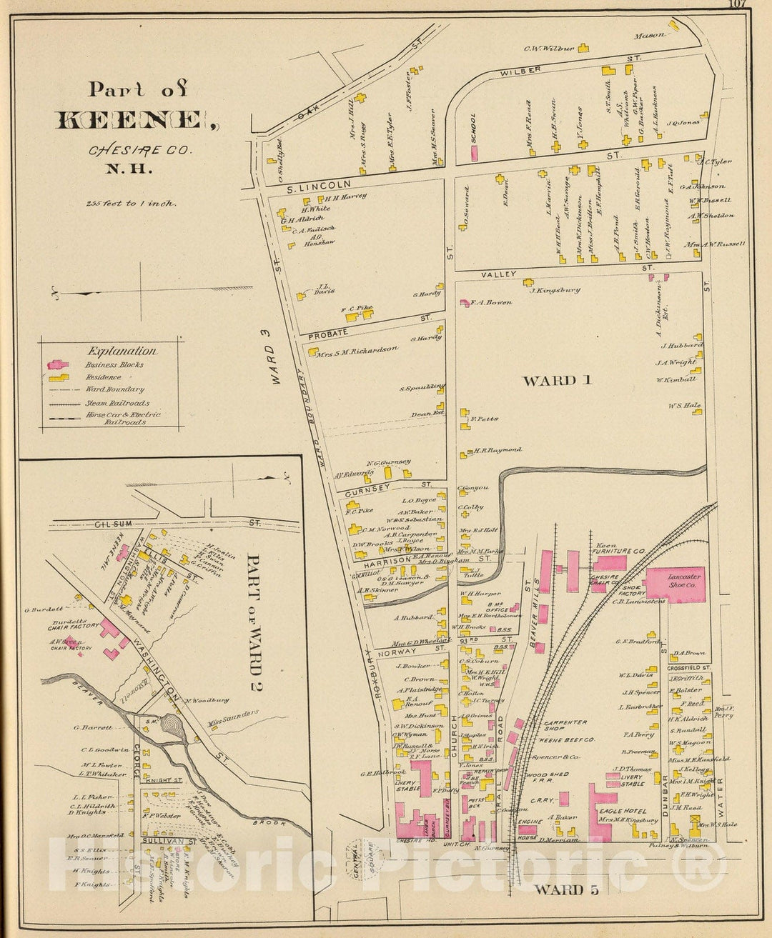 Historic Map : 1892 Keene, Ward 1-2. - Vintage Wall Art