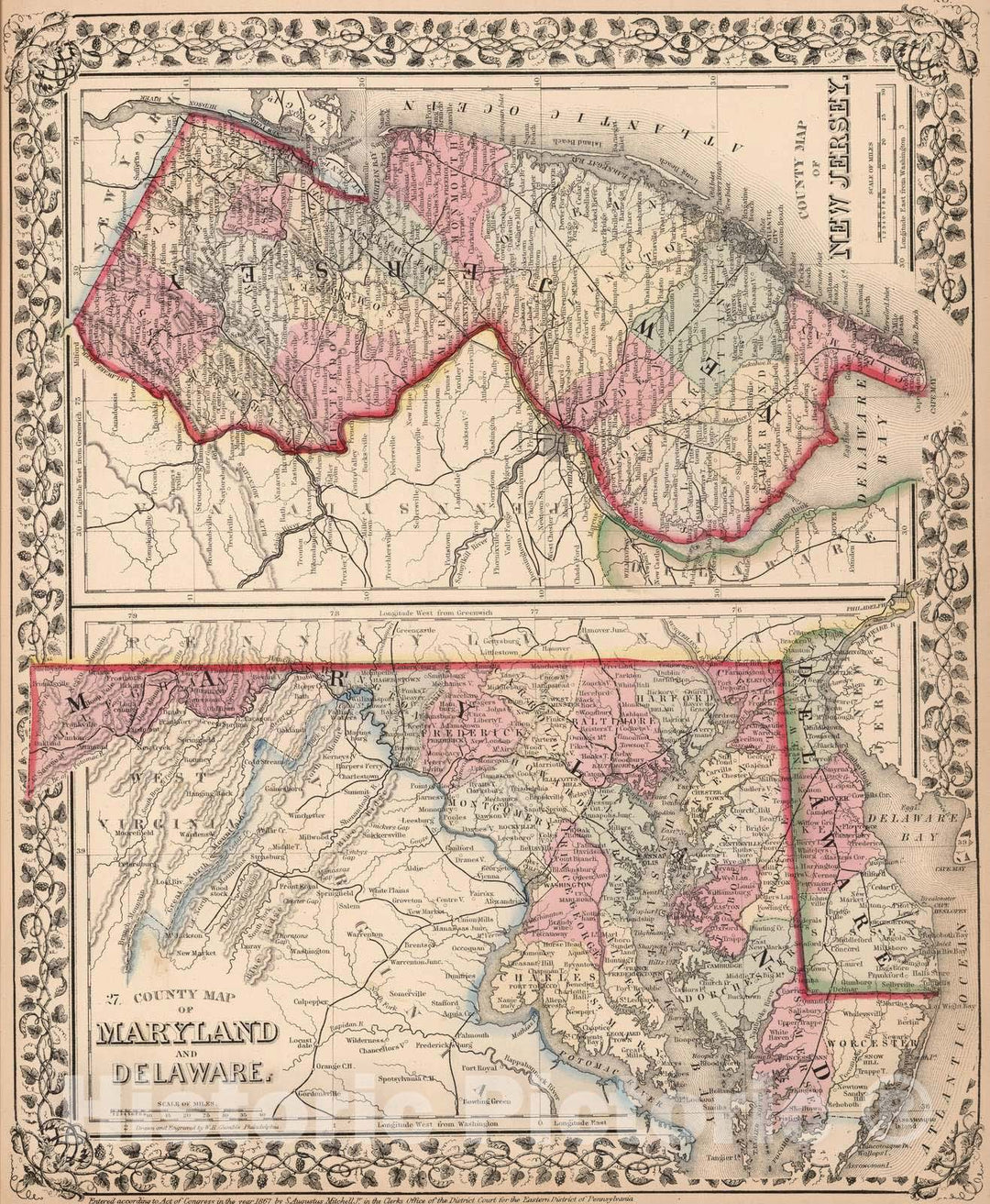 Historic Map : 1868 County map of New Jersey. County map of Maryland and Delaware - Vintage Wall Art