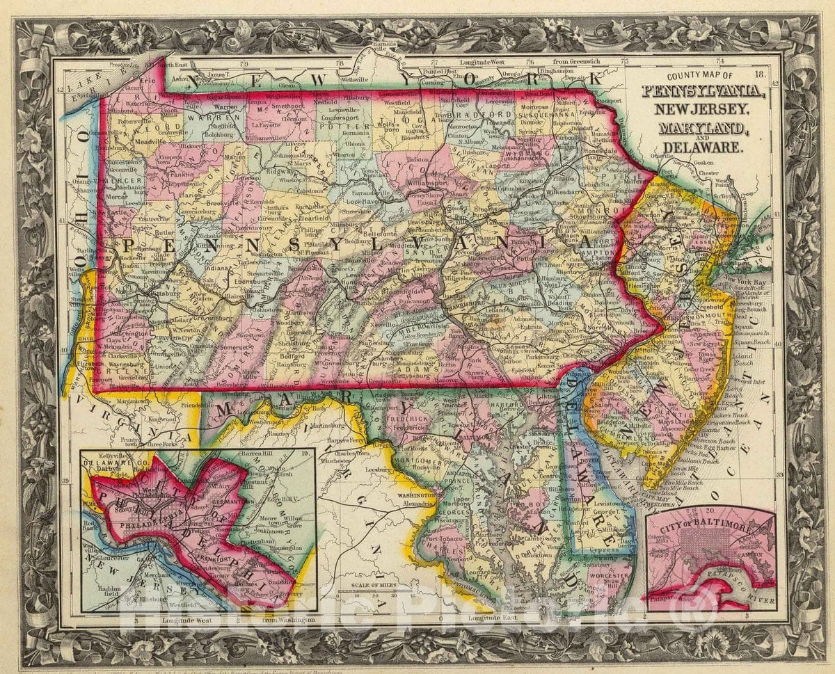 Historic Map : 1860 County Map Of Pennsylvania, New Jersey, Maryland, And Delaware. - Vintage Wall Art