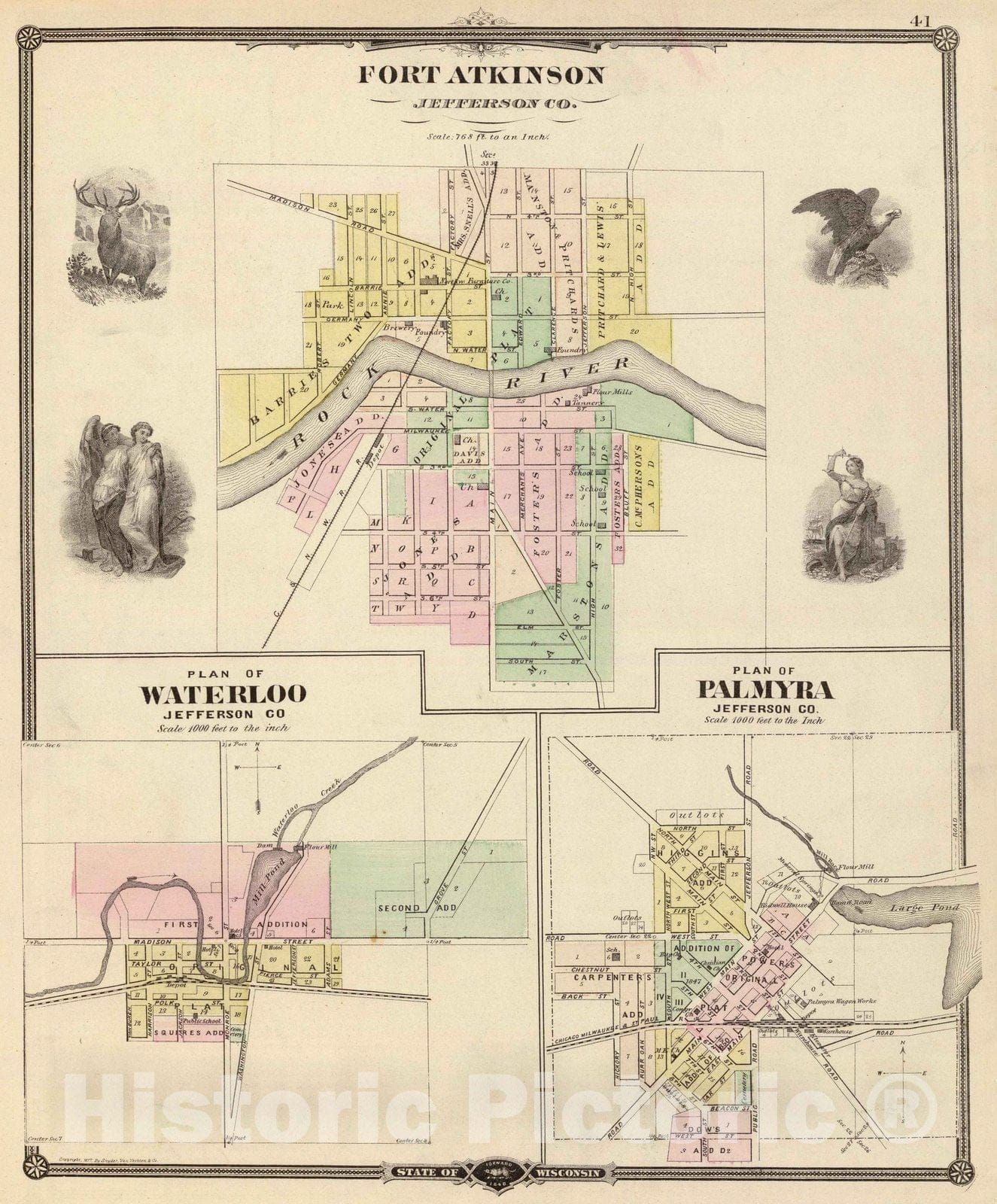 Historic Map : 1878 Fort Atkinson, Waterloo and Palmyra, Jefferson Co. - Vintage Wall Art