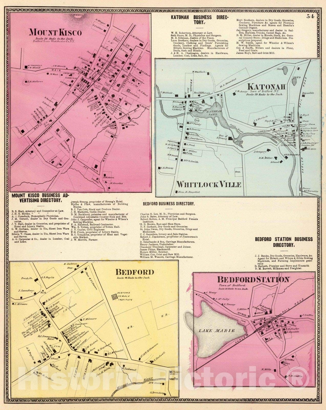 Historic Map : Katonah (N.Y.), New York, 1868 Mt. Kisco, Katonah, Whitlock Ville, Bedford, Bedford Sta. , Vintage Wall Art