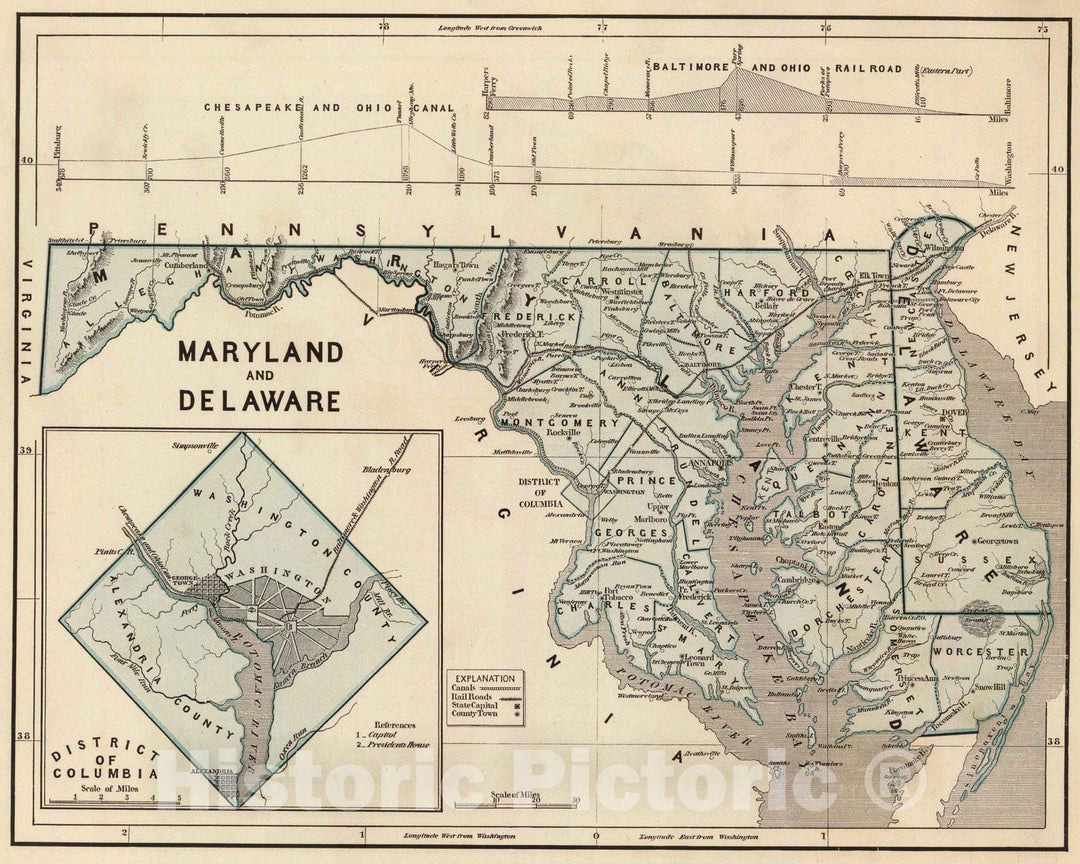 Historic Map : National Atlas - 1845 Maryland, Delaware, D.C. - Vintage Wall Art