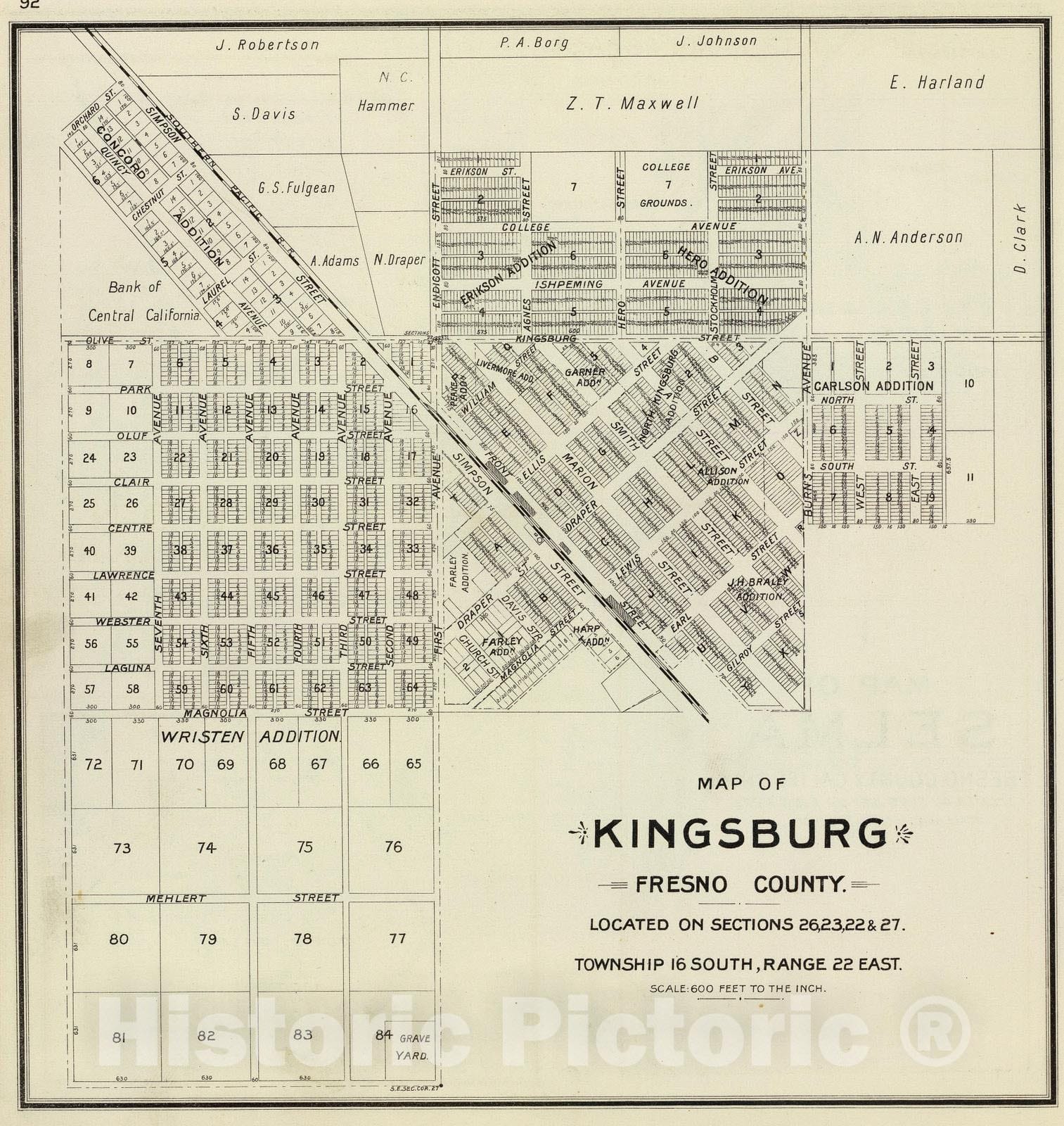 Historic Map : 1891 Kingsburg, Calif. - Vintage Wall Art
