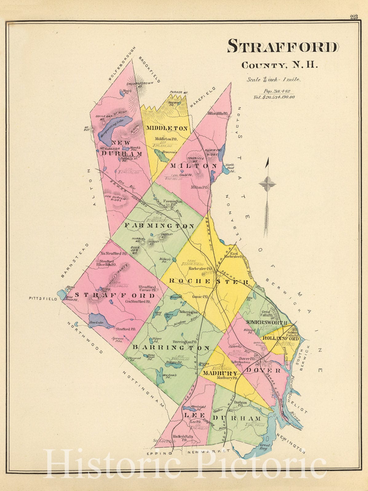 Historic Map : 1892 Strafford County, N.H. - Vintage Wall Art