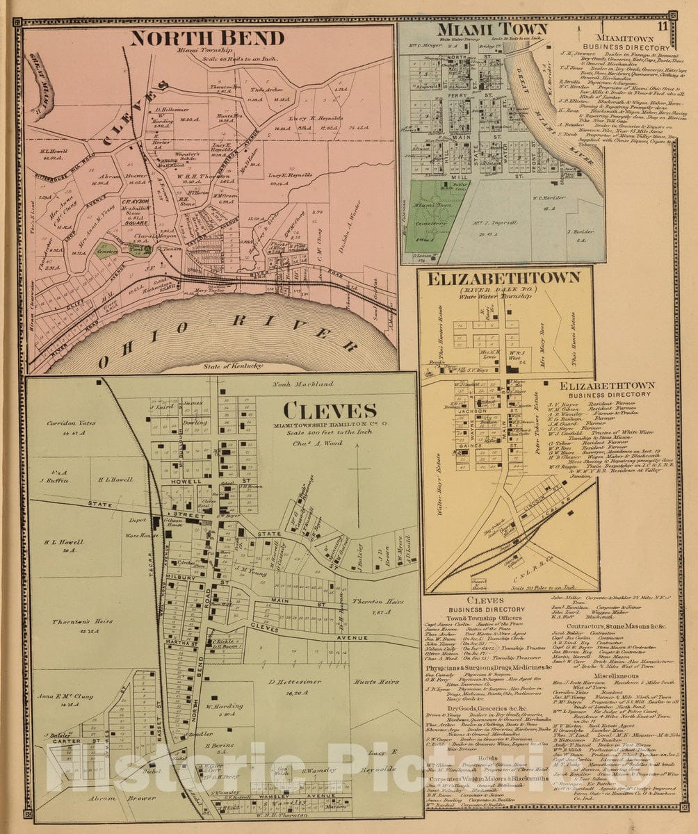 Historic Map : 1869 Cleves, North Bend. - Vintage Wall Art