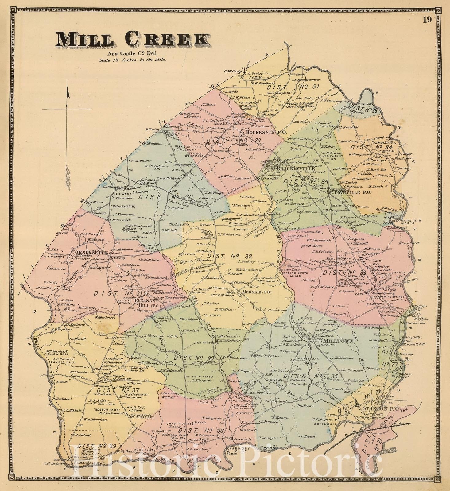 Historic Map : Mill Creek Hundred (Del.), Delaware, 1868 Mill Creek. , Vintage Wall Art