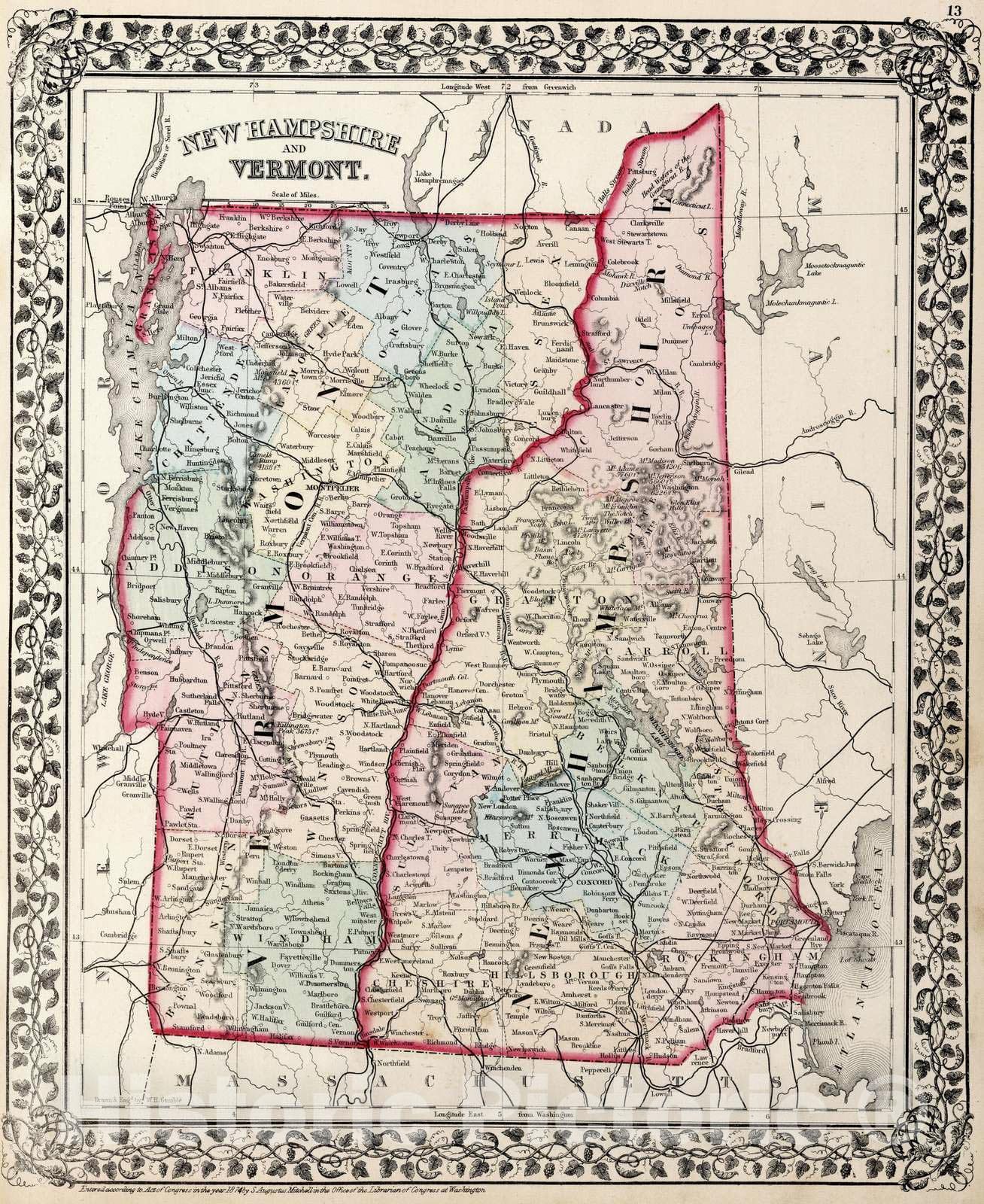Historic Map : 1874 New Hampshire and Vermont : Vintage Wall Art