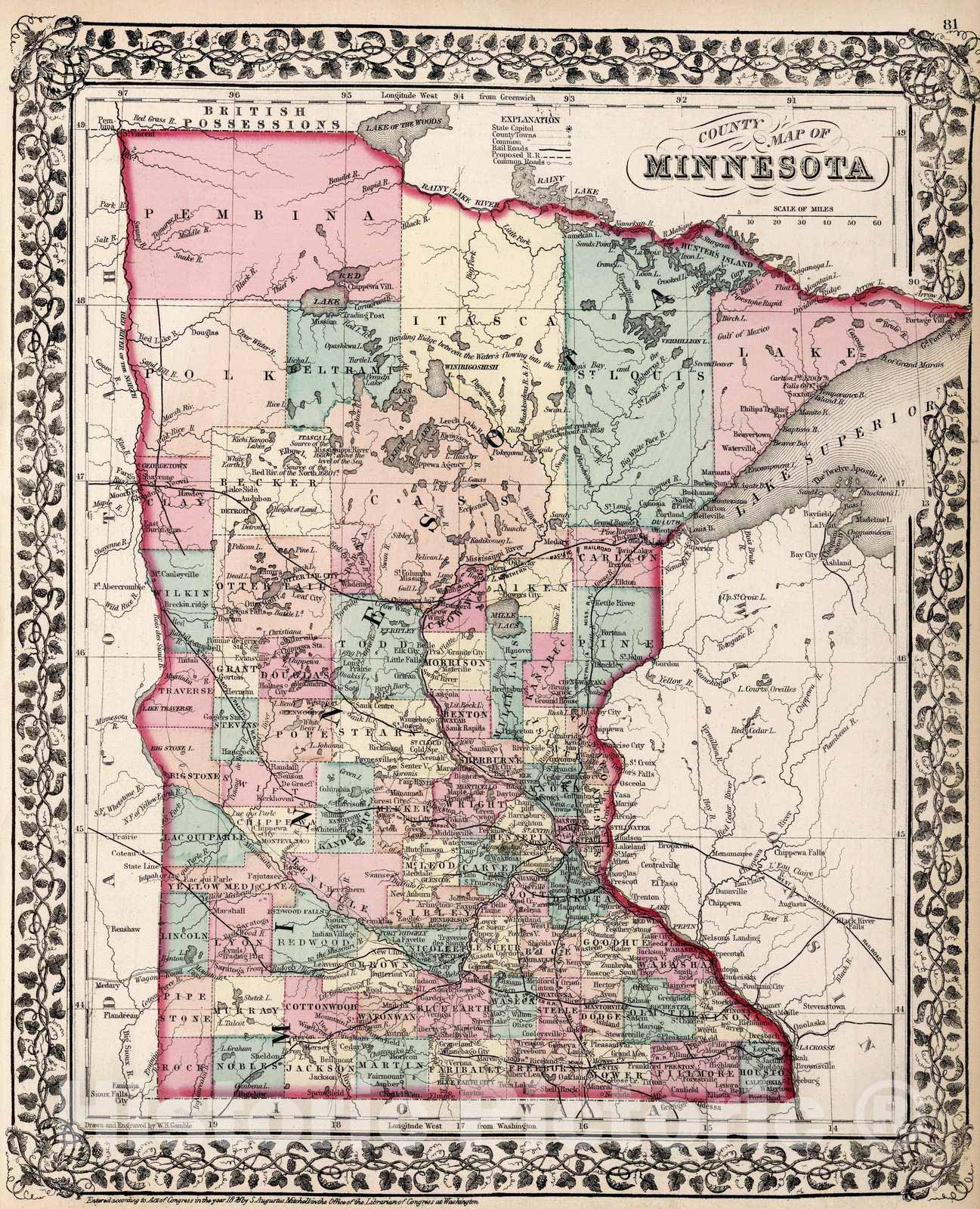 Historic Map : 1877 County map of Minnesota - Vintage Wall Art