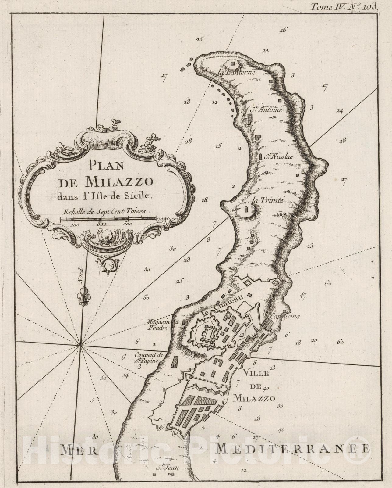Historic Map : Italy , Milazzo (Sicily, Italy), Sicily (Italy) 1764 Plan de Milazzo dans I'isle de Sicile. , Vintage Wall Art