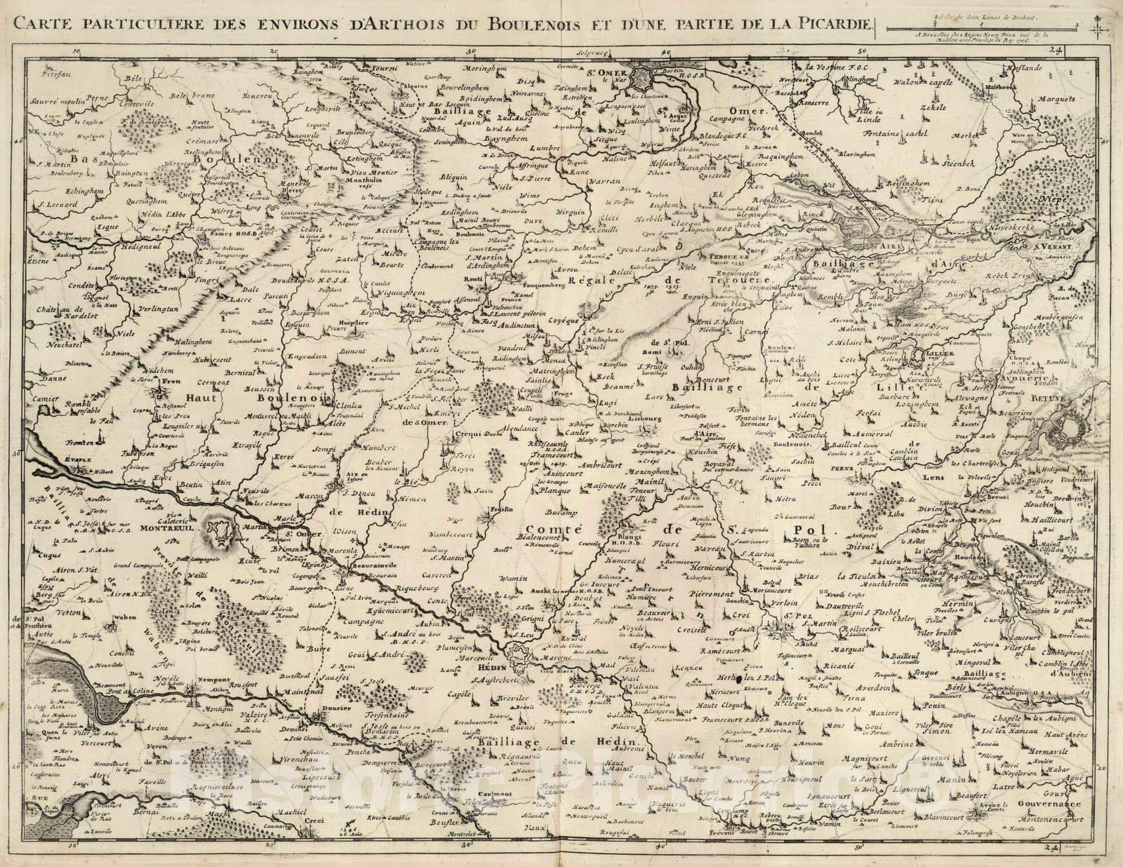 Historic Map : France, 1708 14. Carte particuliere des environs d'Arthois, Boulenois, et d'une Partie de la Picardie. 1708. , Vintage Wall Art
