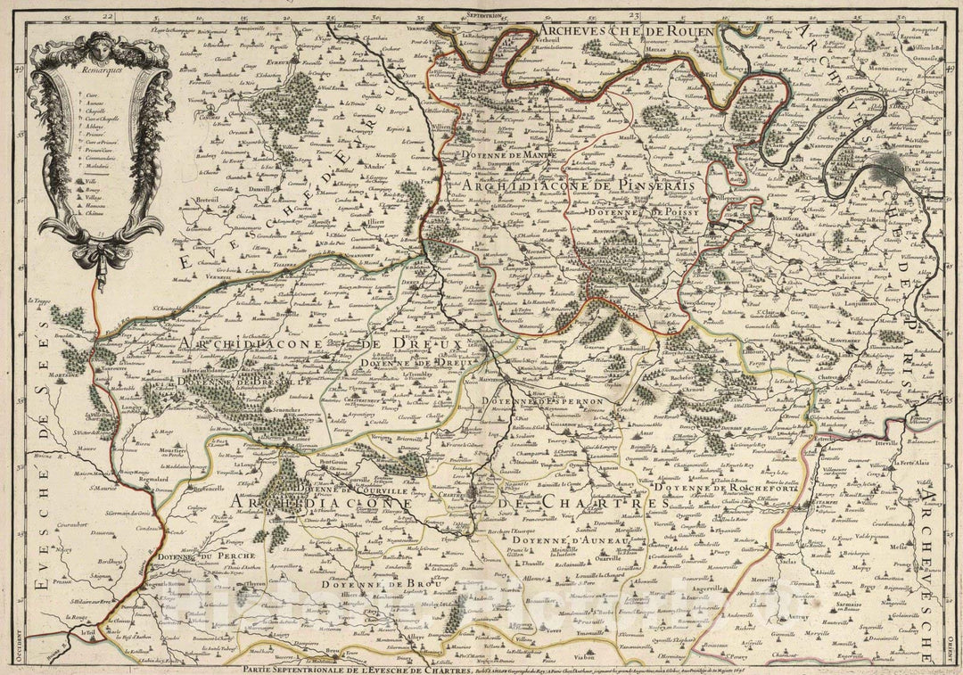 Historic Map : Chartres , France 1695 L'Evesche de Chartres Divise en Archidiaconez et Doyennez (northern sheet). , Vintage Wall Art