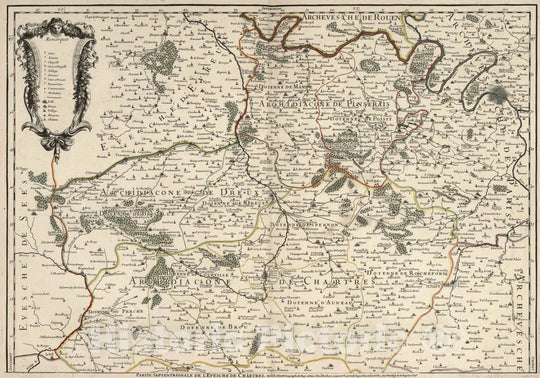 Historic Map : Chartres , France 1695 L'Evesche de Chartres Divise en Archidiaconez et Doyennez (northern sheet). , Vintage Wall Art
