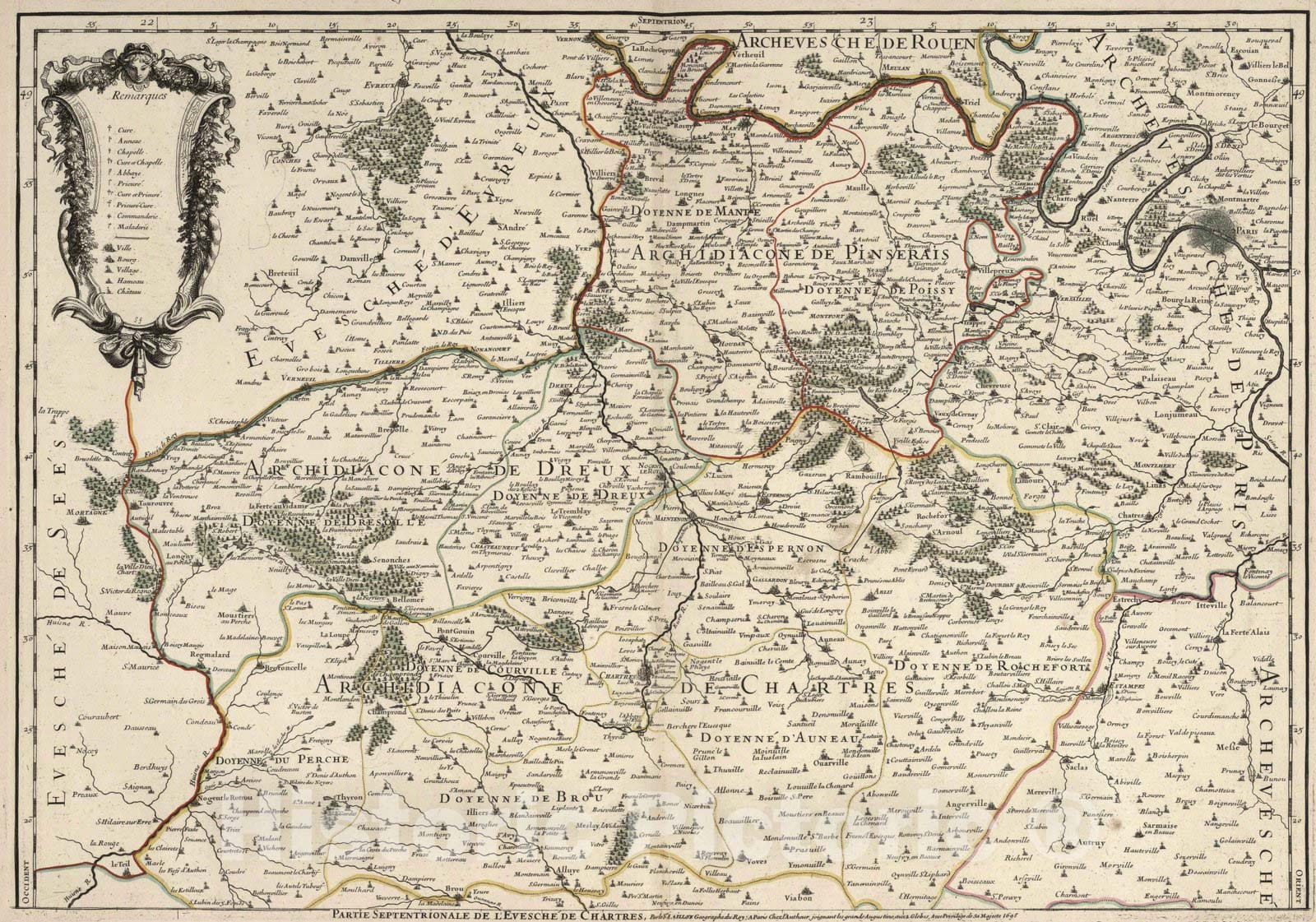 Historic Map : Chartres , France 1695 L'Evesche de Chartres Divise en Archidiaconez et Doyennez (northern sheet). , Vintage Wall Art
