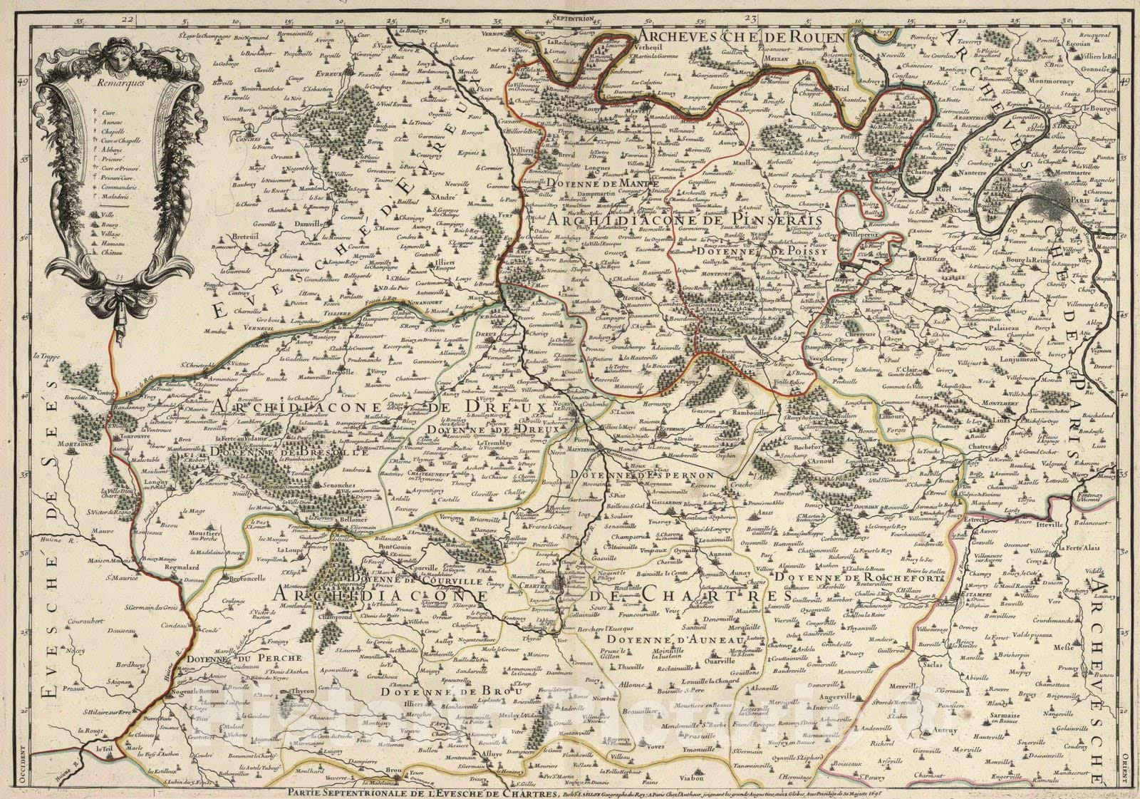 Historic Map : Chartres , France 1695 L'Evesche de Chartres Divise en Archidiaconez et Doyennez (northern sheet). , Vintage Wall Art