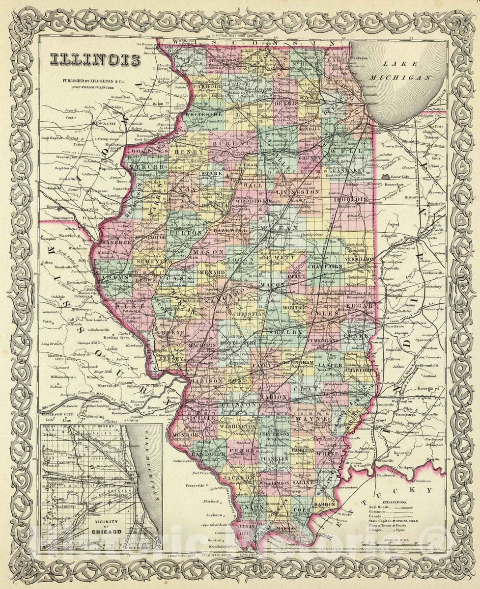 Historic Map : 1856 Illinois : Vintage Wall Art