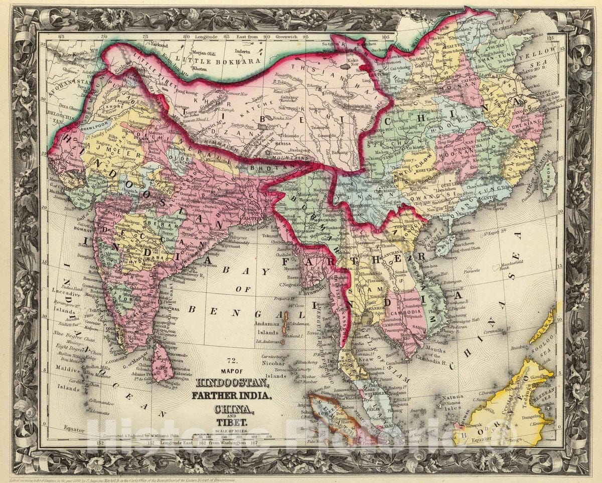 Historic Map : 1860 Map Of Hindoostan, Farther India, China, and Tibet. - Vintage Wall Art