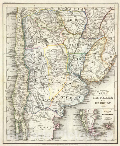 Historic Map : Argentina; Chile, , South America 1853 Chili, La Plata, Uruguay. , Vintage Wall Art