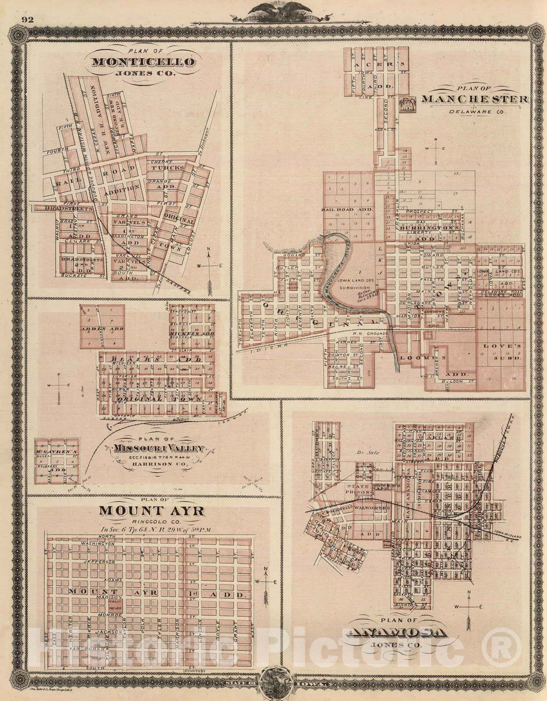 Historic Map : 1875 Plans of Monticello, Manchester, Missouri Valley, Mount Ayr and Anamosa. - Vintage Wall Art